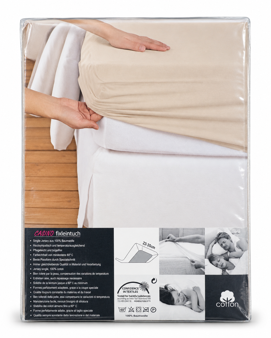 Jersey-Spannbetttuch in Beige in Verpackung