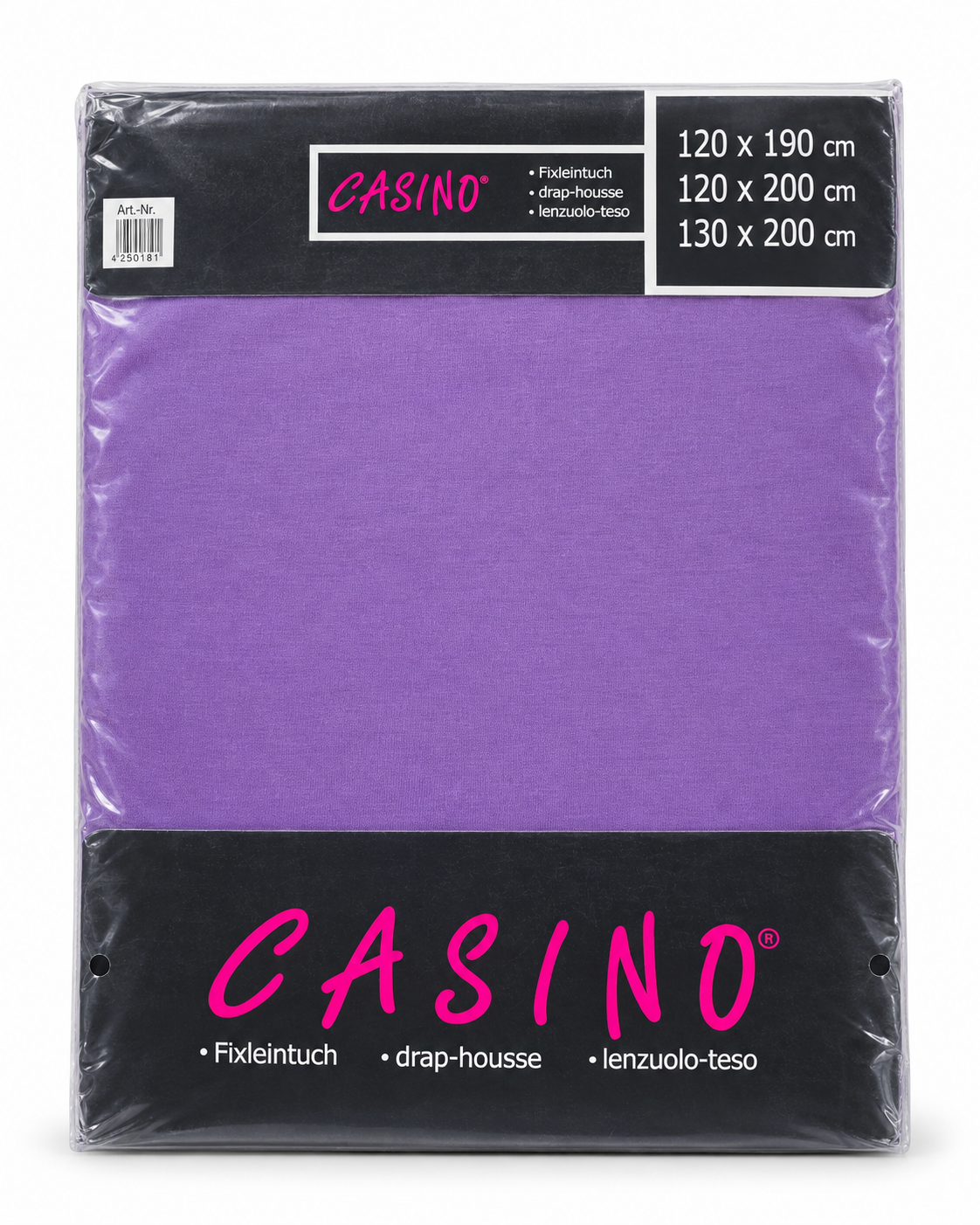 Jersey-Spannbetttuch in Violett in Verpackung