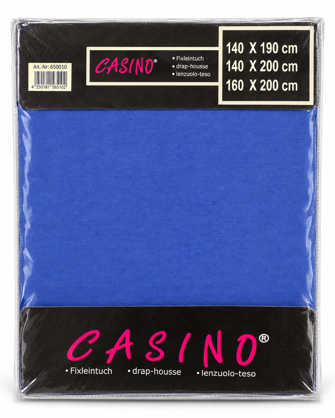 Jersey-Spannbetttuch in Blau in Verpackung