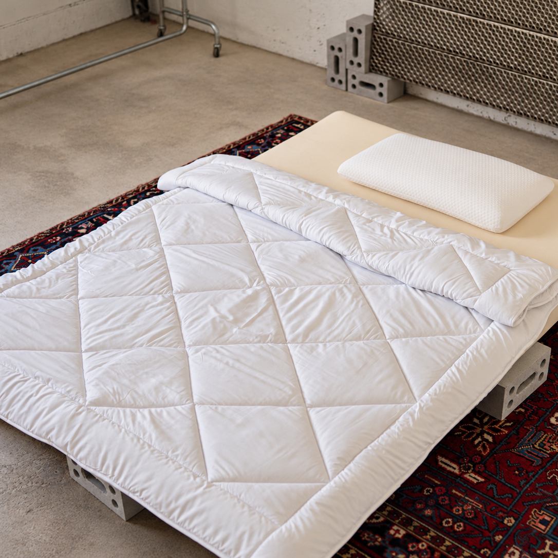 Weisses Duvet auf Bett mit Steppung in Nahansicht