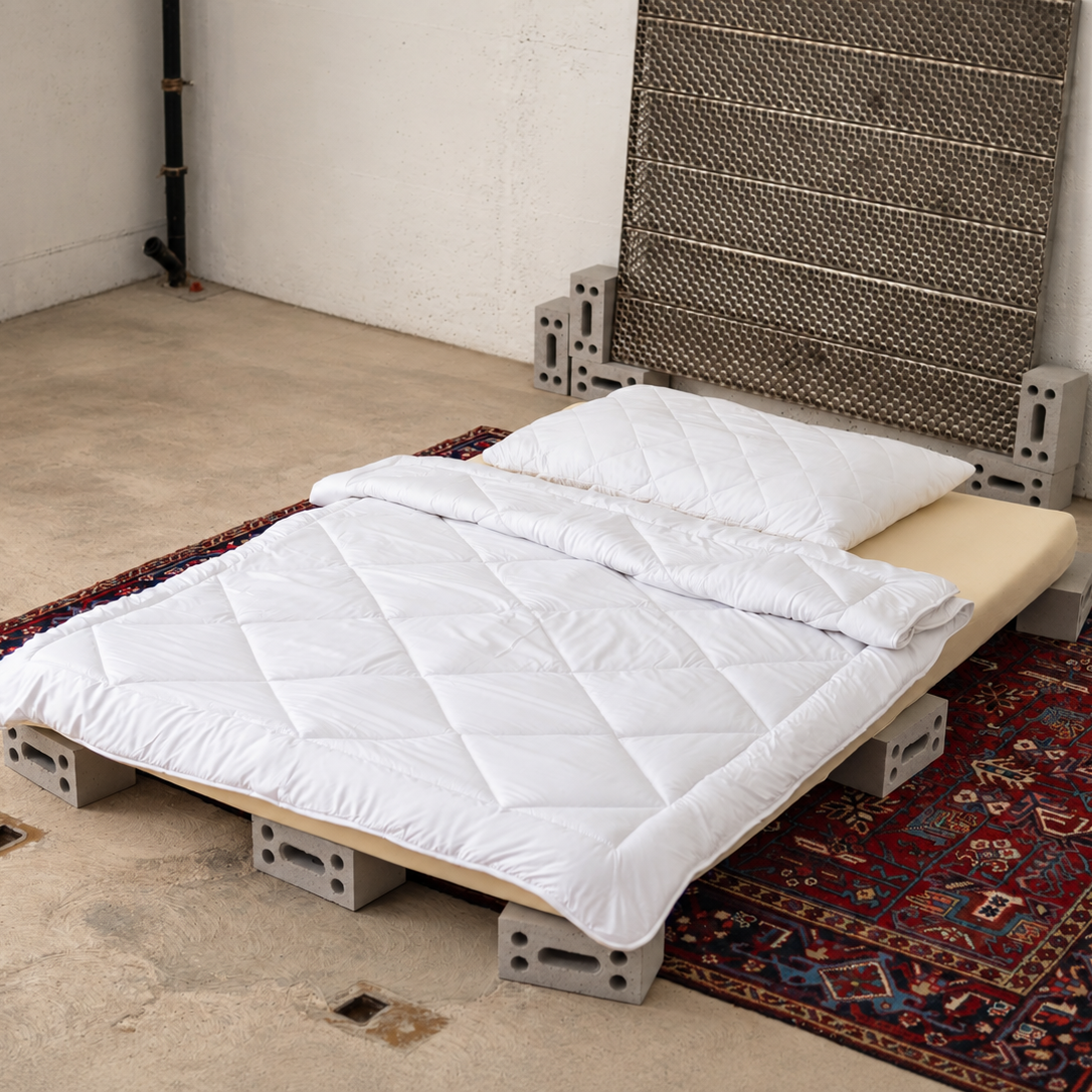 Weisses Duvet auf Bett mit quadratischer Steppung