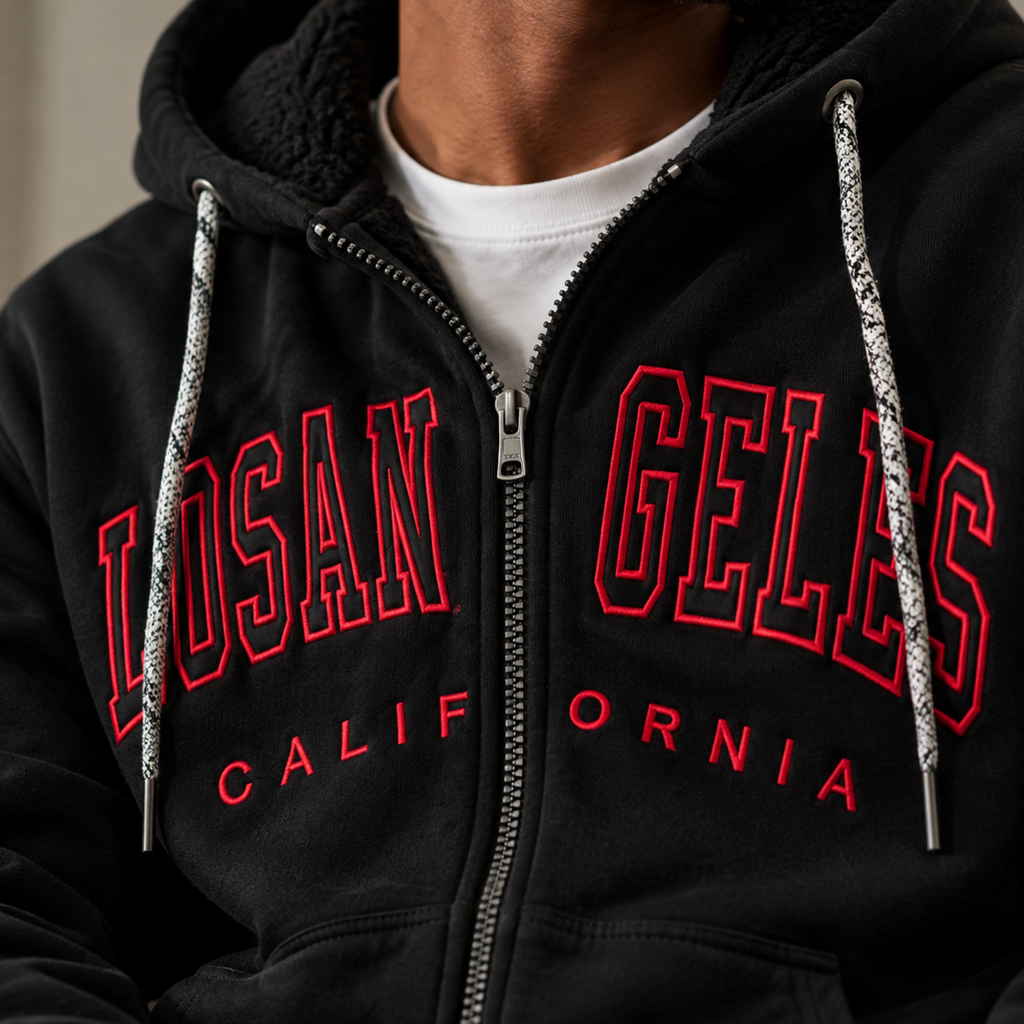 Schwarze Herren Hoodie-Jacke mit Reissverschluss – Detailansicht
