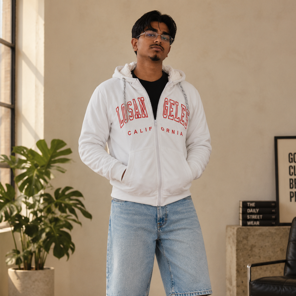 Weisse Herren Hoodie-Jacke mit Reissverschluss am Model